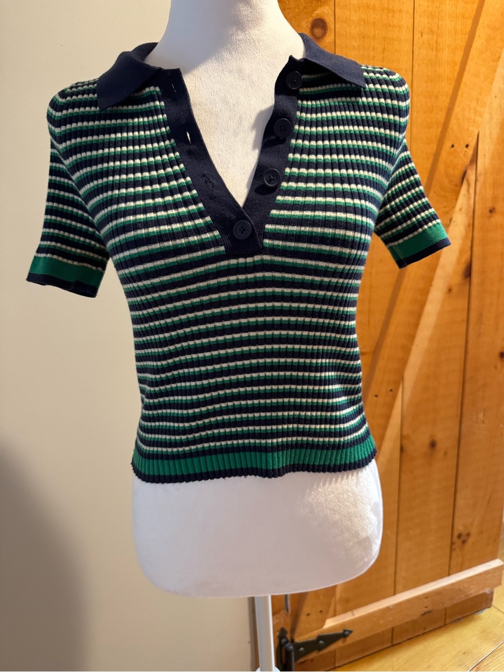 Aerie Retro Striped Ribbed Polo Top in Green and Navy, M